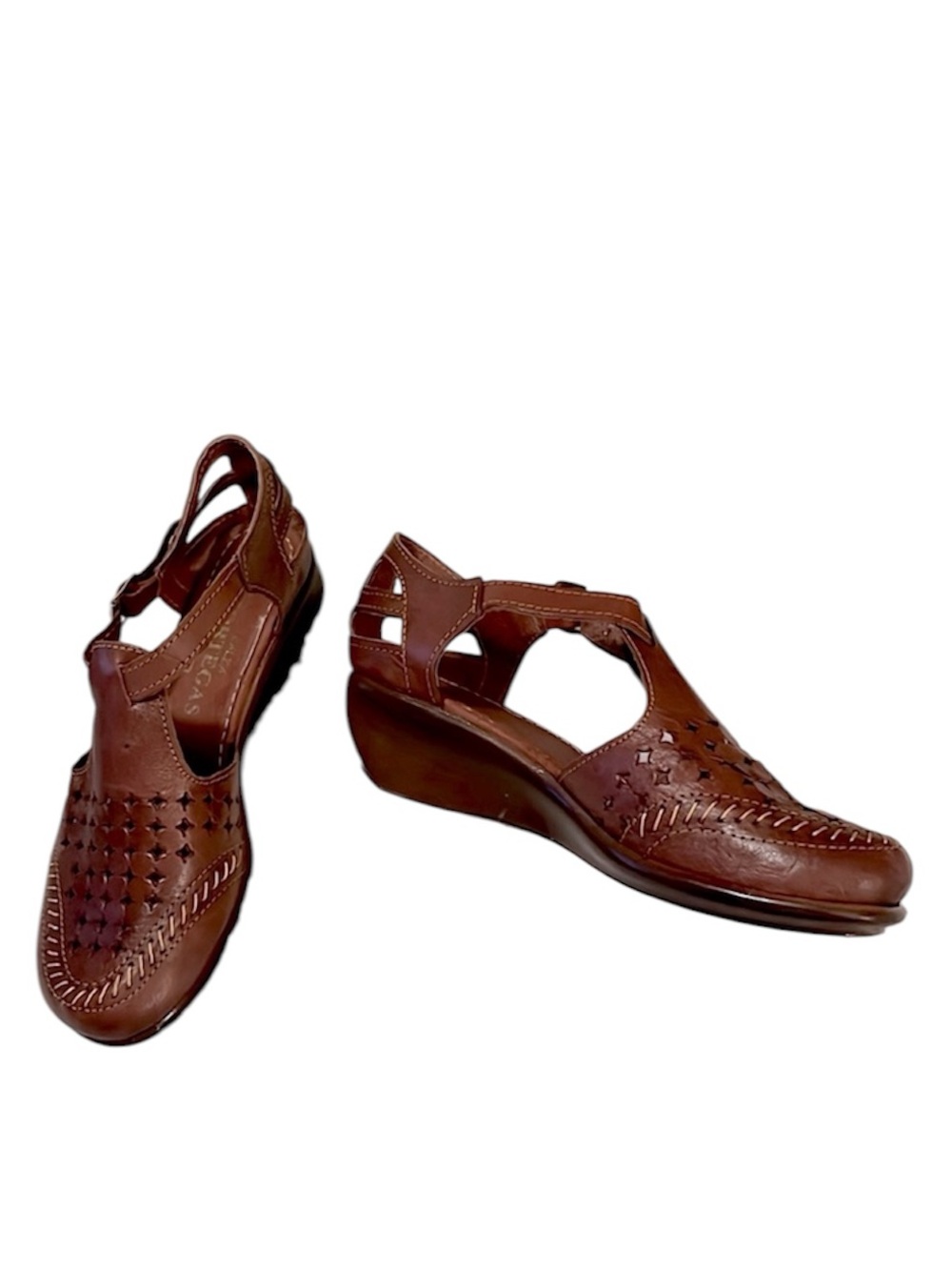 Calza Hortegas Brown Leather T Strap Maryjane Cutout Wedge Heel Shoes 7.5-8